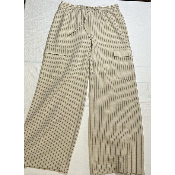 NYCC Beige Striped Wide Leg Cargo Lounge High Waist Boho Pants Women size L - Picture 1 of 7